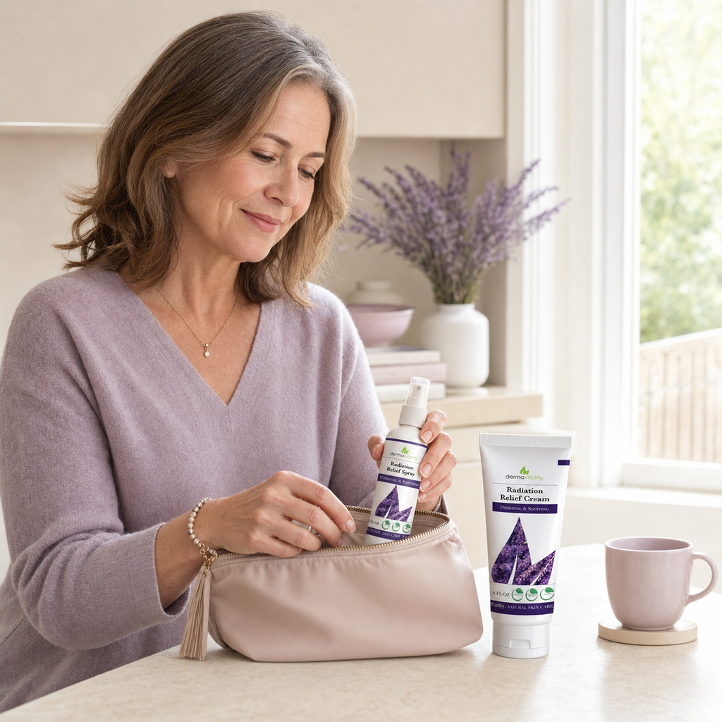 Woman preparing a treatment-day care bag with Dermavitality spray and cream