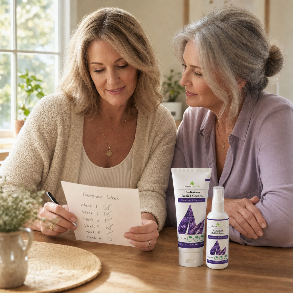 Two women reviewing a treatment-week checklist beside Dermavitality skincare