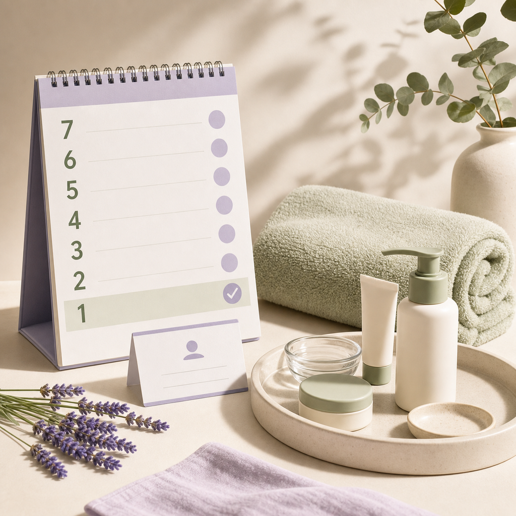 Seven-day preparation calendar beside a gentle skincare routine