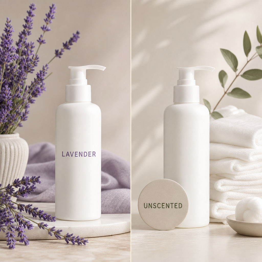 Lavender and Unscented skincare options shown side by side